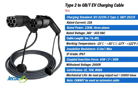 Rock Solid Type 2 To GBT EV Charging Cable, Mode 3 22Kw 32A Three Phase Electric Vehicle Cord, 5 Meter with durable connectors.