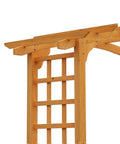 Close-up of top section of 90 Inch Wood Garden Arbor Arch With Trellis Wall For Climbing Plants And Hanging Vines, showing detailed lattice design