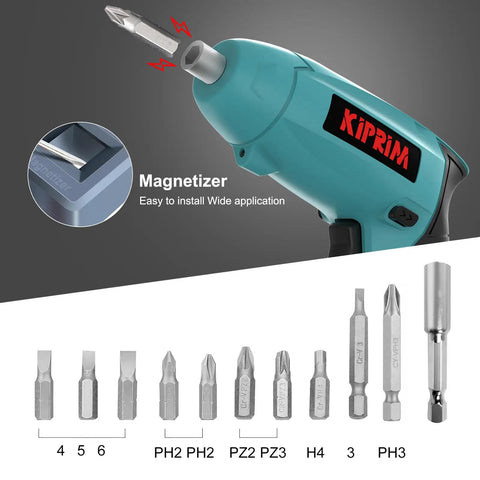 Compact 4V Cordless Screwdriver With Rechargeable Battery 11 Piece Bit Set LED Front Light And Power Display One Hand Easy Grip For Home DIY Lightweight Handy Tool In Blue with magnetizer feature and bit set display