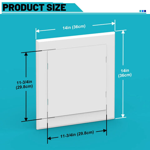 Breezy Peel And Stick Self Adhesive Access Panel 12X12 Plastic Wall Hole Cover dimensions 14x14 inches with measurements shown.