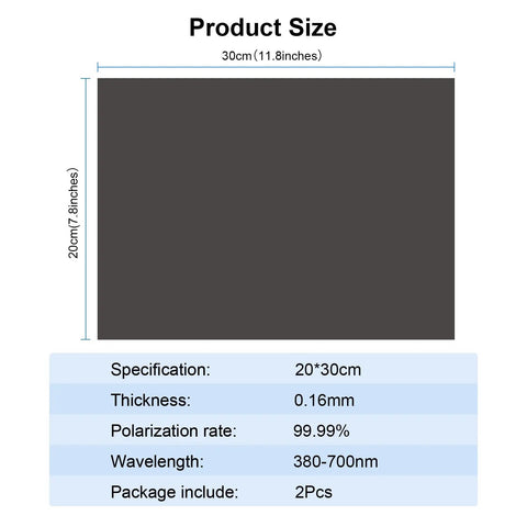 Non Adhesive A4 Polarizing Film Sheets 7.8x11.8 Inch Polarized Filter dimensions and specifications display