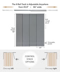 Adjustable Sliding Panel Track Door Blinds For Sliding Glass Doors, Cordless 4-Panel System, Grey Trimmable Fabric Panels