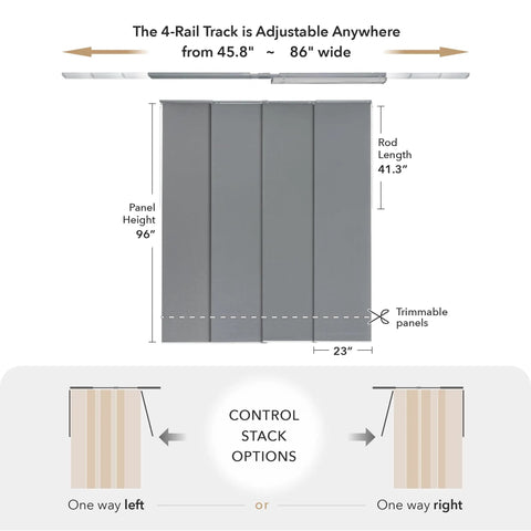 Adjustable Sliding Panel Track Door Blinds For Sliding Glass Doors, Cordless 4-Panel System, Grey Trimmable Fabric Panels