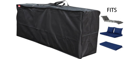 Outdoor Rectangular Cushion Storage Bag With Zippered Closure And Handles For Cushions Up To 50 By 13 By 20 Inches Keeps Cushions Safe From Sun And Rain Weatherproof Polyester With Waterproof Backing Scratch And Water Resistant Black, shown with various cushion types.