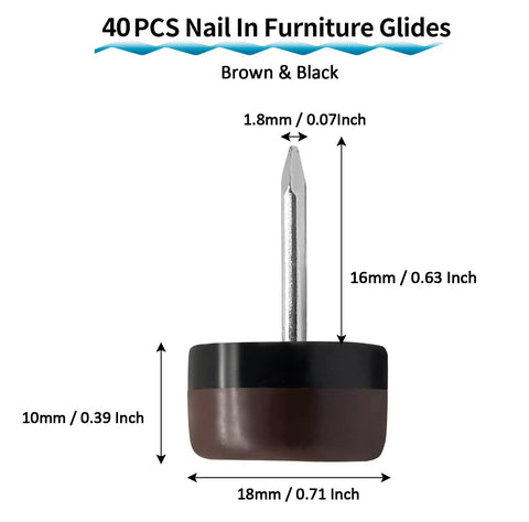 40 Pack Nail On Furniture Glides 18mm Nylon Chair Sliders For Wood And Hardwood Floors Brown Finish Protect Table Legs