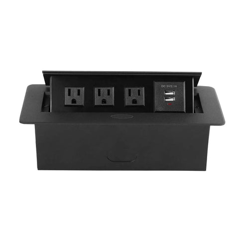 Desktop Pop Up Power Socket With 3 Outlets And 2 USB Ports, Hardwired Connection Box, Textured Black Face Plate, Auto Opening Pop Up Outlet