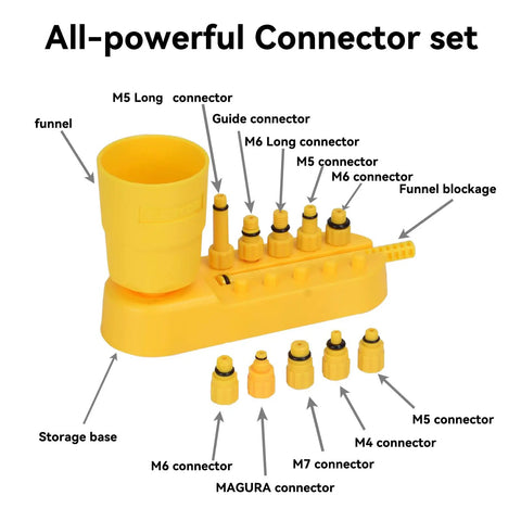 All-powerful connector set with funnel and labeled parts for Bike Brake Bleed Kit For SRAM Avid Hope Formula Hydraulic Disc Brakes