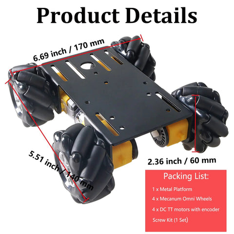 MC100 4WD mecanum-wheel car chassis with TT motors; black metal frame, with four omnidirectional wheels