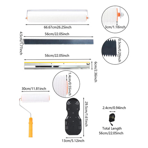 Self Leveling Epoxy Floor Kit For DIY And Commercial Refinishing With rollers, squeegee, spiked shoes, gloves, dimensions visible