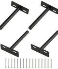 Rock Solid Four Inch Floating Shelf Brackets Set Of Four In Matte Black Featuring Invisible Mounting And Straight Up Easy Wall Install With Heavy Duty Industrial Steel, showing four brackets and mounting screws.