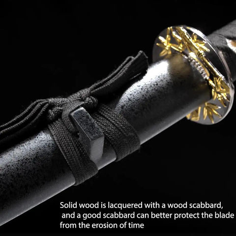 Close-up of Three Piece Iaido Katana Display Set With Bamboo Leaf Hilt And Gold Accents Dope Silk Wrapped Grips Premium 1045 Carbon Steel Blades.