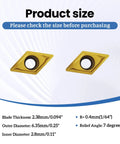 Product size chart with two DCMT070204 carbide turning inserts, multilayer coated for metalworking, showing dimensions.