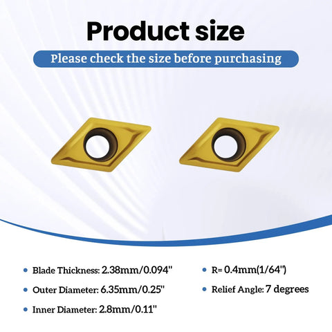 Product size chart with two DCMT070204 carbide turning inserts, multilayer coated for metalworking, showing dimensions.