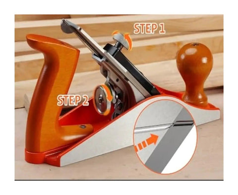 Premium 10 Inch Smoothing Hand Plane With Durable Iron Base And Razor Sharp O1 Steel Blade, showing setup steps.