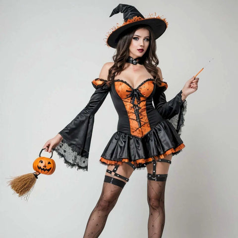 Premium Adjustable Black Leather Leg Harness For Women Gothic Punk Thigh Garter Strap With Elastic Band Club Rave Festival Body Chain Fresh Streetwear Fit worn with a witch costume, featuring black and orange colors.