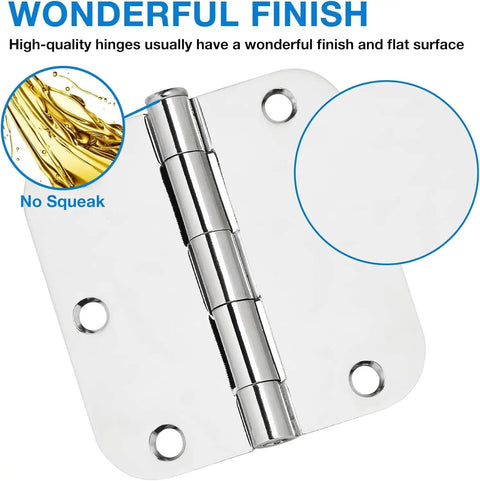 12 Pack 3.5 Inch Door Hinges With Rounded Ends And Polished Chrome Finish Includes 72 Long Mounting Screws For A Smooth As Butter 270 Degree Swing And No Sweat Quick Setup For Interior Doors close-up of a polished chrome hinge with a flat surface.