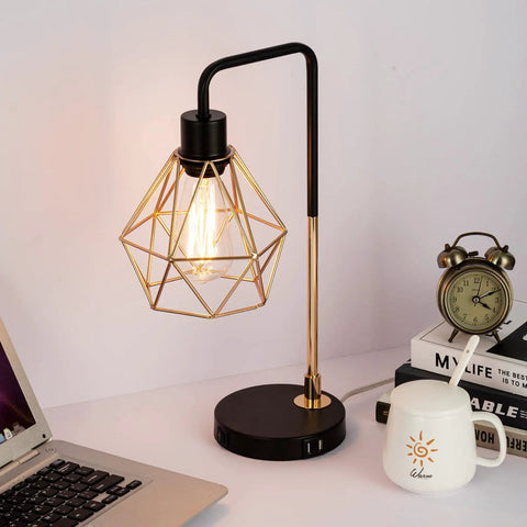 Set Of 2 Touch Control Black And Gold Desk Lamps With 2 USB Ports, Industrial Cage Style Bedside Reading Lamps, 3 Way Dimmable