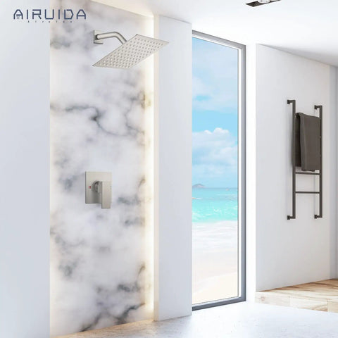 Brushed Nickel Rain Shower System With 8 Inch Square Showerhead, All In One Single Function 1 Handle Trim Kit installed in bathroom