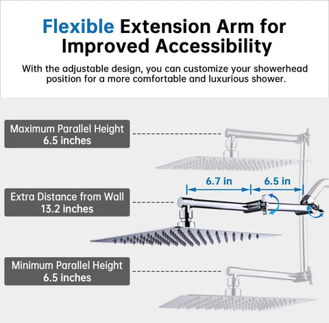 Diagram of All Metal 10 Inch Rainfall Shower Head With Handheld Spray Combo, 3 Setting Diverter, adjustable arm, height measurements