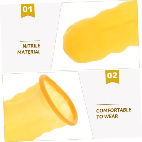 100 Pack Anti Static Latex Finger Covers For Joint Support And Blister Shield Heavy Duty Finger Guards showing nitrile material.