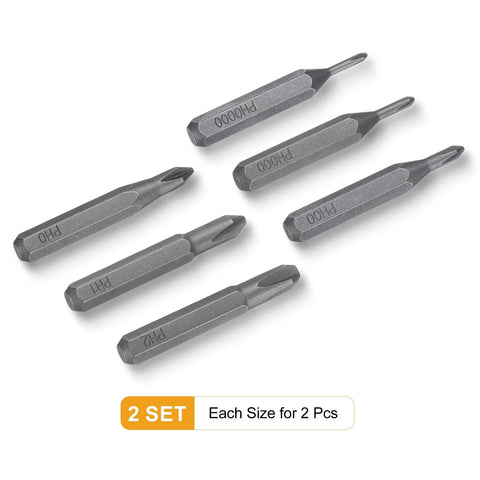 12 Pc Magnetic Phillips Screwdriver Bit Set PH2 through PH0000, shown in two sets with 4mm hex shank, made of S2 tool steel, precision repair.