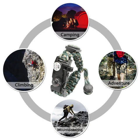 21 In 1 Survival Paracord Bracelet Kit with SOS LED Light, Compass, and Whistle for camping, climbing, and adventure use.