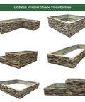 Raised Garden Bed Kit With Ledgestone Panels That Snap Together In 8 By 24 Inch Natural Look Stone Pattern Durable Polyurethane 6 Pack For Custom Shaped Garden Beds And Easy Landscaping, various configurations shown.