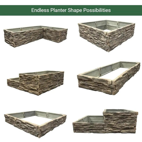 Raised Garden Bed Kit With Ledgestone Panels That Snap Together In 8 By 24 Inch Natural Look Stone Pattern Durable Polyurethane 6 Pack For Custom Shaped Garden Beds And Easy Landscaping, various configurations shown.