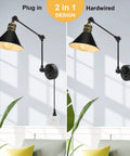 Plug In Wall Sconces Set Of 2 With Dimmable Rotary Switch Two Swing Arm Industrial Wall Lights displayed plug-in and hardwired.