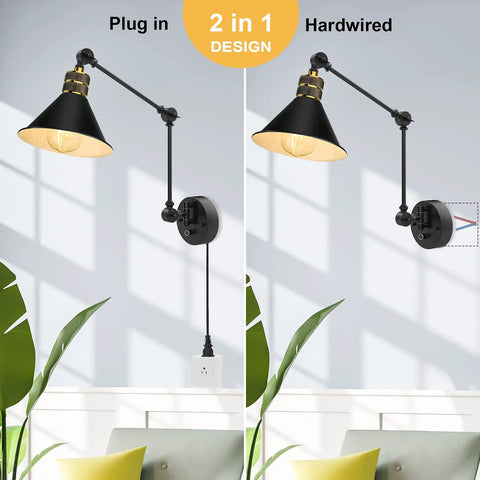 Plug In Wall Sconces Set Of 2 With Dimmable Rotary Switch Two Swing Arm Industrial Wall Lights displayed plug-in and hardwired.
