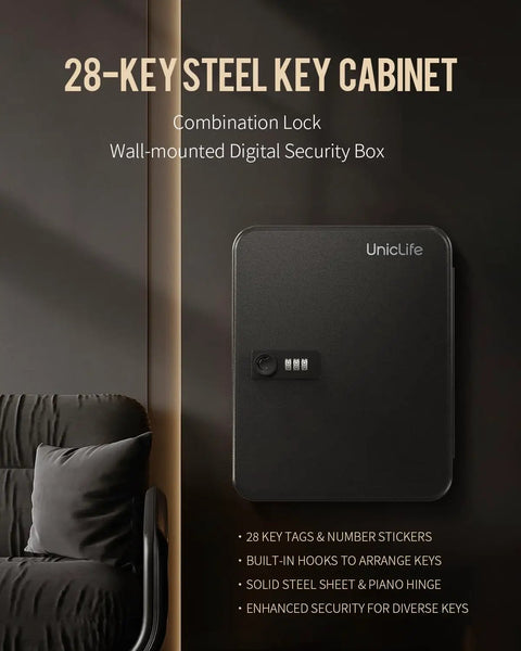 Heavy Hitter Steel Key Wall Cabinet With Dead Tough 3 Digit Combo Lock Box For Indoor Offices Realtors Schools And Apartments Holding Up To 28 Keys on wall with digital lock and tag slots.