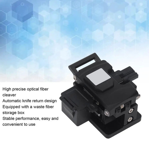 Heavy-Duty Optical Fiber Cleaver Machine With Precise 0.5 Degree Cutting Angle, High Durability Up To 20K Cuts, sleek black design with waste fiber storage.