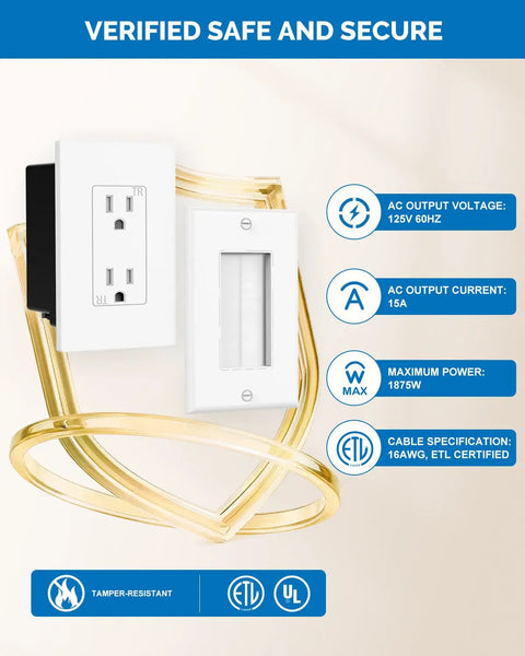 In Wall Cable Management Kit With Recessed Outlet Box And Dual Outlet Extender For Wall Mounted TV 9.8 Ft Extension Cord Easy Install No Fuss Drywall Saw UL Listed TR Safe Outlet Relocation Kit with safety certifications displayed