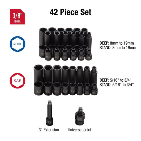 Three Eighths Inch Drive Master Impact Socket Set 42 Piece SAE and Metric CrMo Steel Radius Corner Design Chamfered Opening Includes Five Sixteenths To Three Eighths Inch Sockets For Heavy Duty Auto And Mechanical Work
