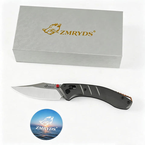 Premium Folding Pocket Knife With Top Shelf Dc53 Steel Blade And Rock Solid Aluminum Handle Loaded With A Slim Deep Carry Clip For Camping Hiking Backyard Grind And Daily Carry In Matte Grey on a white background.