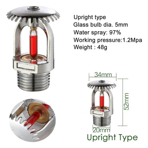 Top Shelf Quick Response Upright Fire Sprinkler Heads 155F 68C Half Inch NPT Thread No Sweat Water Spray Up System, brass body with red glass bulb.