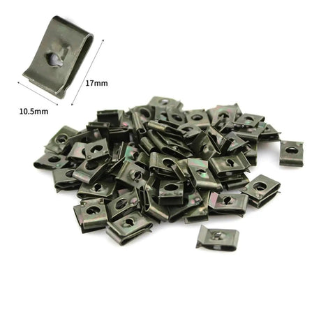 Heavy Duty Metal Screw Clip Set U Shaped Fastener Bumper Guard Buckle With Self Tapping Screws And Iron Sheet Bolts For Mudguard Protection Durable Auto Parts Kit Easy Install Job 10 Pieces, showing 10.5mm x 17mm metal clips.