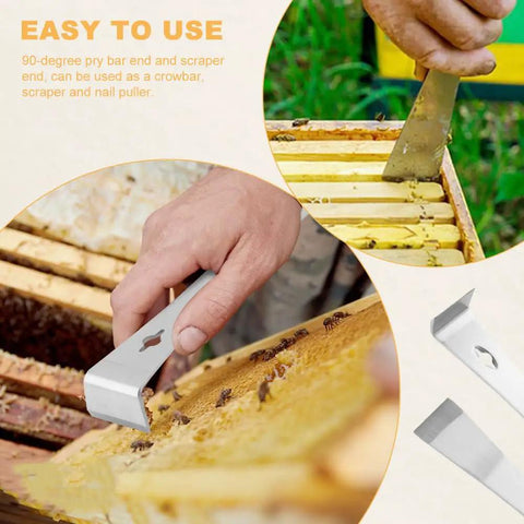 Two Piece Stainless Steel Pry Bar Scraper Set With Seven And A Quarter Inch And Nine And A Quarter Inch Flat Bars in use for beekeeping