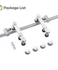 Stainless Steel Sliding Barn Door Hardware Track Kit 5 Ft Heavy Duty Anti Rust Anti Corrosion Ball Bearing Rollers components on display.