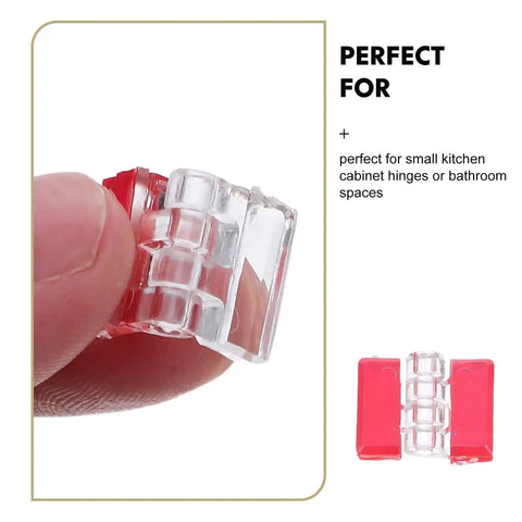 Close-up of Peel And Stick Clear Acrylic Cabinet Hinges in use, showing flexible transparent design for cupboards or refrigerators.