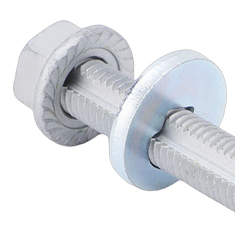 Close-up of Beefy Front Lower Control Arm Bolt For Model S 2012 To 2021, high strength steel, M14 with nut, washer.