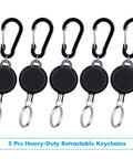 Five Pack Retractable Keychain Badge Holders With Steel Wire Reel Clip Durable ID Badge Reels For Lanyards Heavy Duty Retractable Reels Black Ideal For Office School Security Access