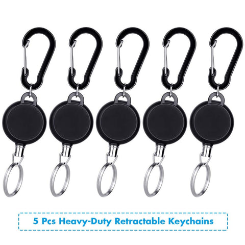 Five Pack Retractable Keychain Badge Holders With Steel Wire Reel Clip Durable ID Badge Reels For Lanyards Heavy Duty Retractable Reels Black Ideal For Office School Security Access