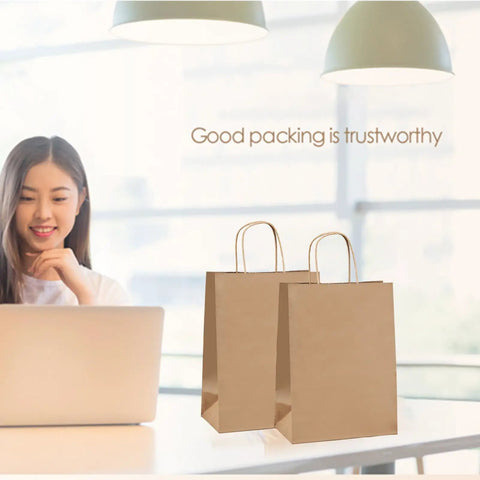Brown Paper Bags With Handles 8x4.25x10.5 Inches Medium Gift Bags Bulk 100 Pack Recycled Kraft Paper Eco Friendly Shopping Bags