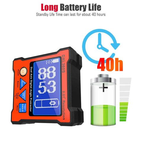 Display of Dual Axis Digital Protractor With Five Face Magnetic Base 0.01 Degree Resolution Digital Level Inclinometer showing battery life.
