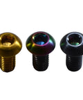 Premium Gr5 Titanium Hex Socket Buttonhead Cap Screws M8 X 1 25 By 45 mm Thread Length Six Piece Set With Nano Coated Finish in gold, rainbow, and black colors.