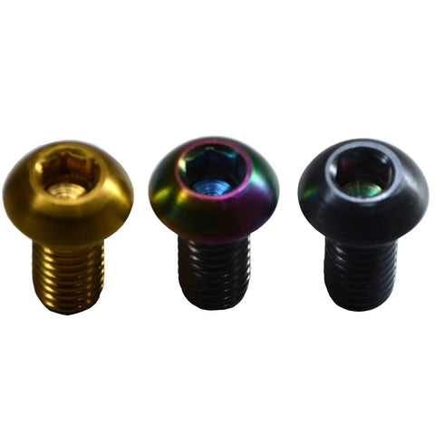 Premium Gr5 Titanium Hex Socket Buttonhead Cap Screws M8 X 1 25 By 45 mm Thread Length Six Piece Set With Nano Coated Finish in gold, rainbow, and black colors.