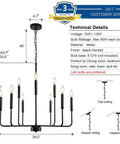 Black Farmhouse Chandelier For Dining Room Over Table Nine Light Industrial Metal Candle Lighting Fixture For Living Room Kitchen Island Entryway Foyer With Modern Rustic Vibe with technical specifications displayed.