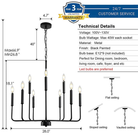 Black Farmhouse Chandelier For Dining Room Over Table Nine Light Industrial Metal Candle Lighting Fixture For Living Room Kitchen Island Entryway Foyer With Modern Rustic Vibe with technical specifications displayed.