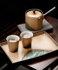 Premium Ceramic Tea Serving Tray For Kung Fu Brewing And Coffee Or Cocktails Ultra Slick Smooth Surfaces with two cups and teapot